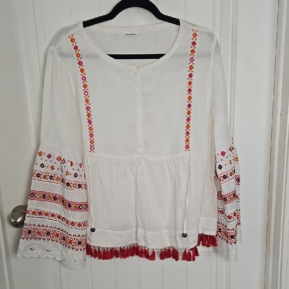 Club Monaco Boho Linen Embroidered Blouse – Tassels & Bell Sleeves Size M - Picture 1 of 6